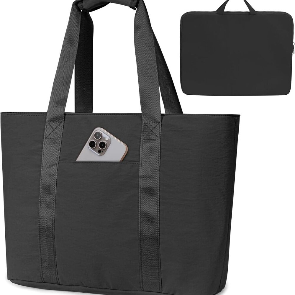 Black Nylon Crossbody Tote Bag with Zipper & 7 Pockets for Women